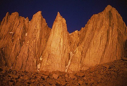 From left to right: Day Needle, Keeler Needle, and Mt. Whitney.