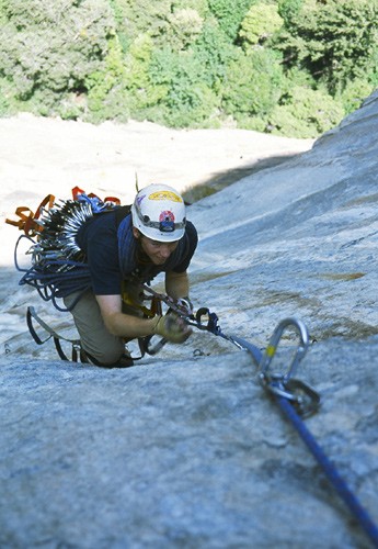 Adam Petersen jugging on Pitch 3 of West Face, Leaning Tower.