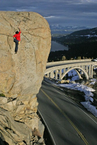 Chris McNamara on a tall problem at the Sun Wall near Donner Summit.