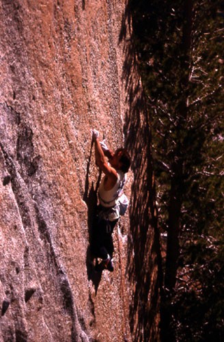 Jay Smith on "Hair Trigger" 5.12b, Echo Lakes, CA, 1990.