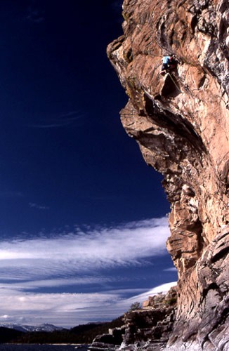 Al "Dude" Swanson on "Impact Zone" 5.12a, Cave Rock, Tahoe, NV. 1988.