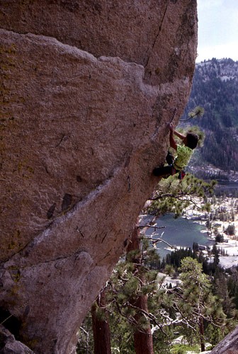 Dan Osman on the first ascent of "Metallarete" 5.12b. Echo Lakes, CA. ...