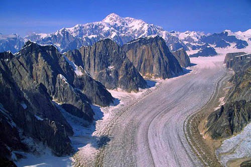 A grand overview of the Ruth Gorge and its 5,000-foot western rampart....