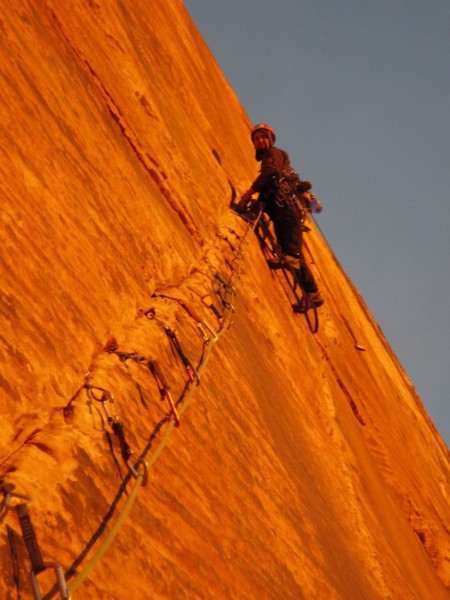 Ammon McNeely on the crux pitch at sunrise on Rodeo Queen. I promise t...