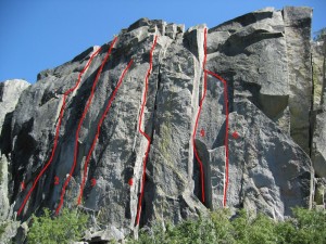 Eagle Lake Cliff - Thrust is a Must 5.10d - Lake Tahoe, California, USA. Click to Enlarge