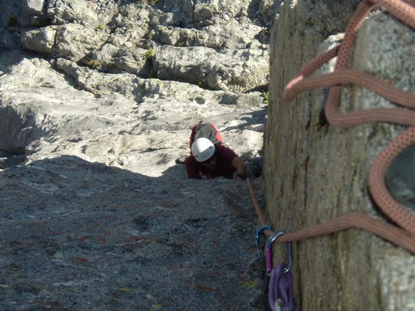 David Lepere follows the crux 5.10b pitch of Dark Star, Temple Crag.