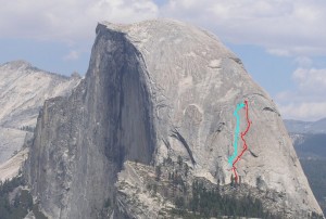 Half Dome - Two Hoofers 5.12 or 5.10b A0 - Yosemite Valley, California USA. Click to Enlarge