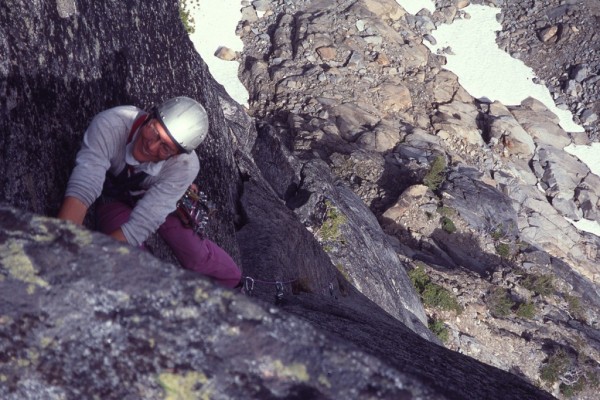 Uwe Ehret leading the crux of the lower North Ridge.