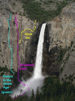 Bridalveil Falls - Bridalveil East, Aqua Variation 5.8 - Yosemite Valley, California USA. Click to Enlarge