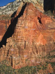 Leaning Wall - Spaceshot IV 5.6 C2 or 5.13 - Zion National Park, Utah, USA. Click to Enlarge