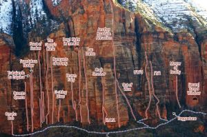 Cragmont, Tunnel Wall - G-String Divas I 5.10 - Zion National Park, Utah, USA. Click to Enlarge