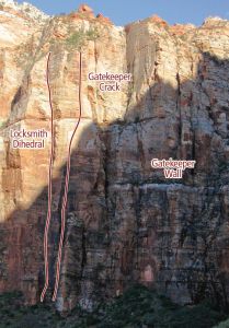 Gatekeeper Wall - Locksmith Dihedral IV 5.12a or 5.11+ C1 - Zion National Park, Utah, USA. Click to Enlarge