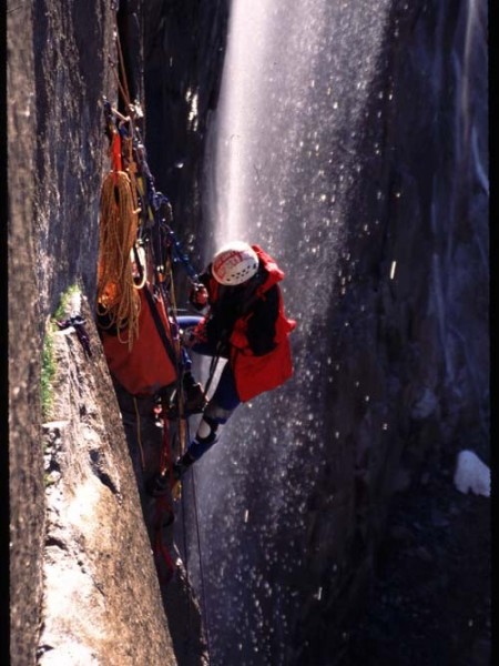 Belay 4 with Horsetail Fall behind &#40;spring conditions&#41;.