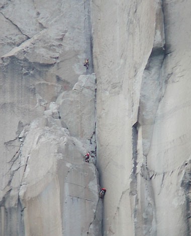 Chris McNamara leading above Camp 5. Wayne Willoughby jumaring and Eri...