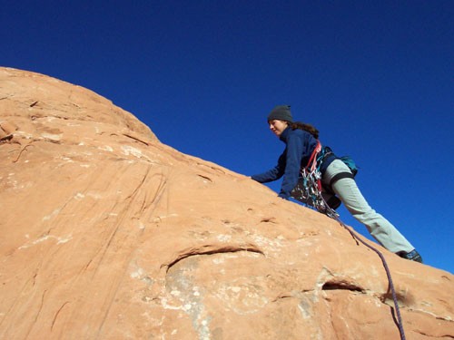 Sarah Felchlin leads the last fifteen feet of 5.5 to the summit. Note ...