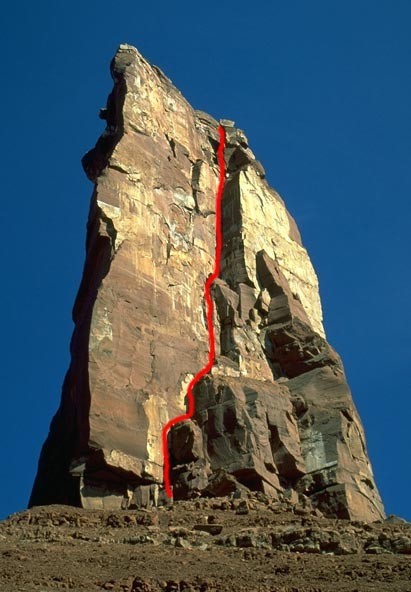 A view of Kor-Ingalls route on Castleton Tower with the route shown in...