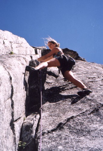 Sarah Felchlin prepares for the first 5.8 crux on pitch 2. The crux ro...