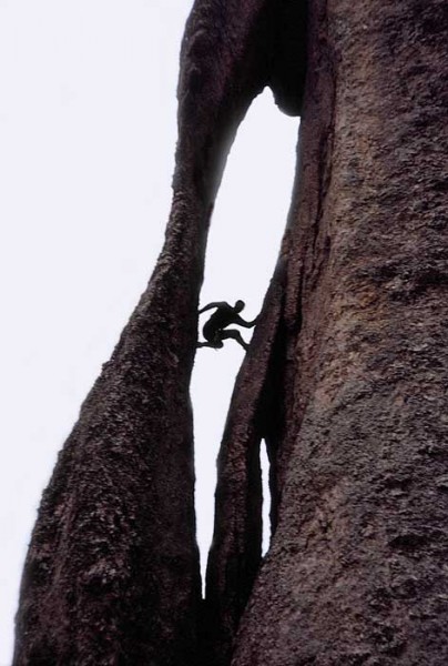 Don Storjohann soloing up the Eye the evening before the ascent. The a...