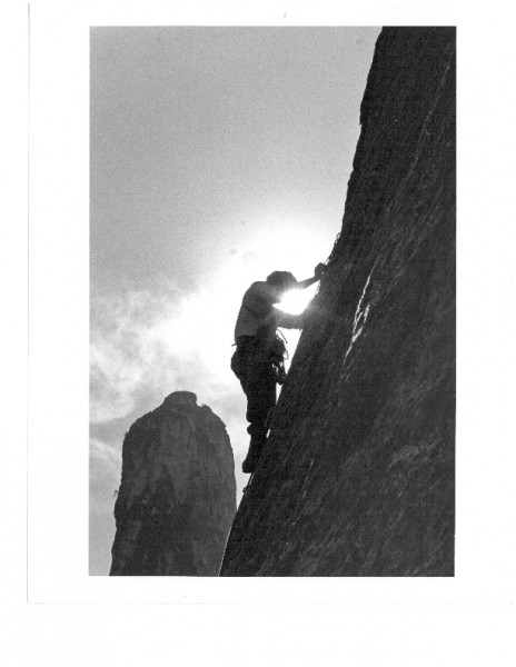 East Buttress of Middle Catherdal Rock.  Free climbing the bolt ladder...