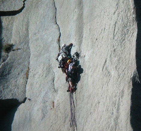 Three climbers at the belay after the Great Roof on The Nose, El Capit...