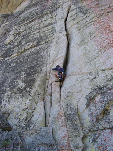 Dave Goldstein on the second pitch of Traveler Buttress. He is just en...