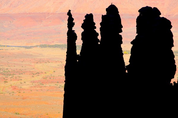 Cool morning silhouette of Ancient Art. 
Fisher Towers, Utah.  