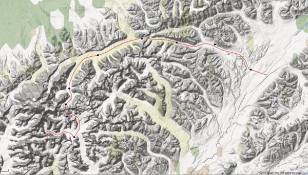 The approach route to the Ruth Glacier from the north side of the rang...