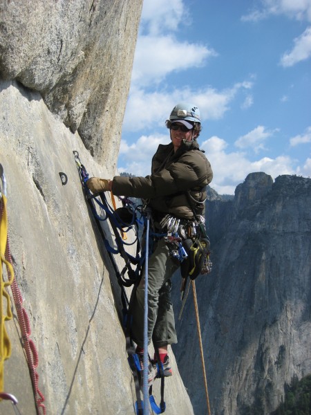 Doug Goforth enjoying the exposure of the bolt ladder on P17. All smil...