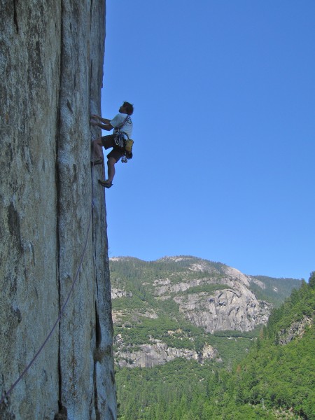 Peter Croft approaching the crux on Wheat Thin