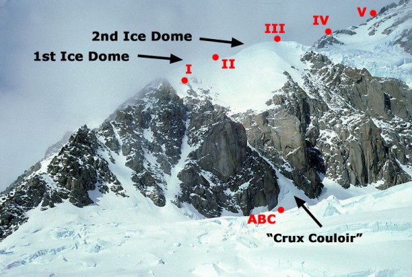 Start of West Rib. II = Apex Camp. III = Top of snow dome. V = 17,000 ...