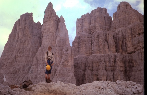 Bronwen on the summit of Punta Emma with the Vajolet Towers behind.