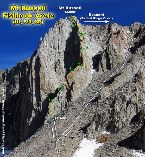 Mt Russell's Fishhook Arete seen on the approach. The last 2 pitches t...