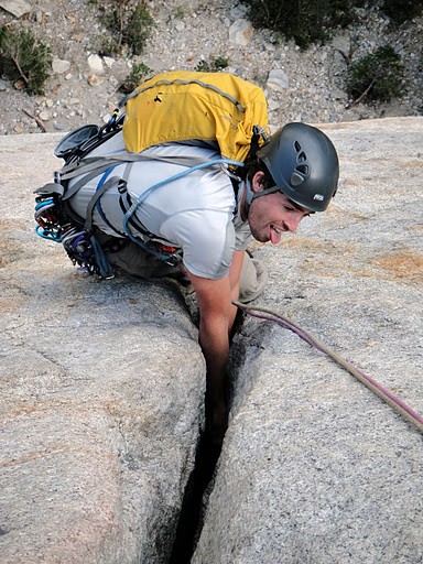 Jared enjoying the wide crack on P3 of Central Pillar of Frenzy.