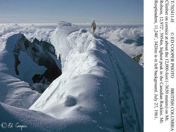 Climber on cornice,Mt Robson, BC