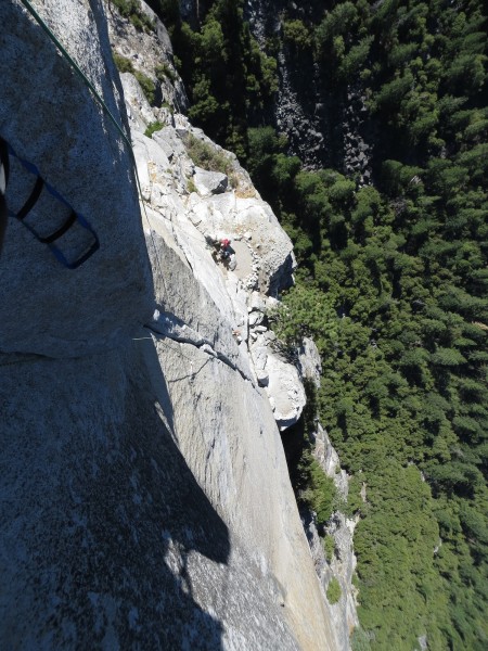 Looking down to dinner ledge from the anchor at the top of the 4th pit...