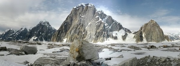 Panorama view from camp. Mt Dickey in the middle, with its crazy 5,000...