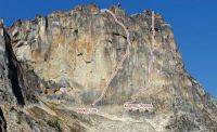 Big Kangaroo - Kearney-Thomas III 5.11b or 5.10b C1 - Washington Pass, Washington, USA. Click to Enlarge