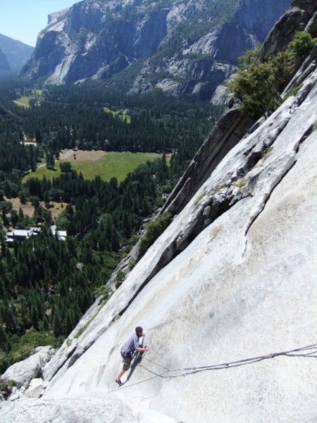 Howie attempting to free the pendulum pitch, Royal Arches, July 2012