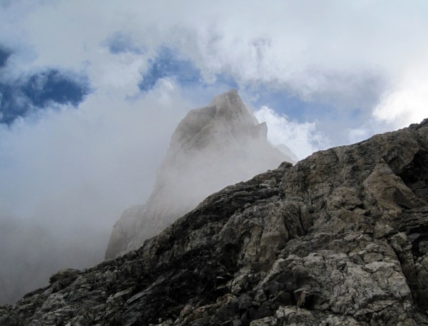The Enclosure enshrouded in clouds, seen on the Valhalla Traverse.