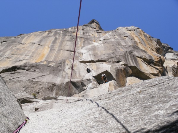 The white streak &#40;above the aid-cragging party on pitch3&#41; is t...