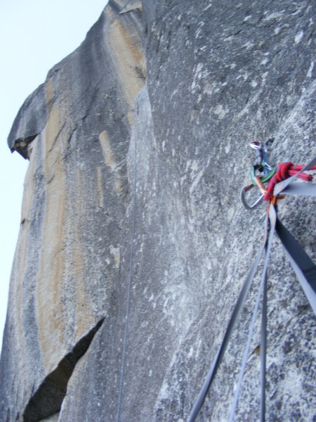 Looking up from Tapir Terrace. The hanging curtain of rock on the Rean...