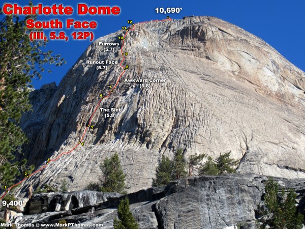South Face of Charlotte Dome route annotation according to SuperTopo.