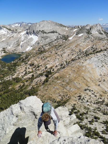 Cameron about to top out on the SE Buttress of Cathedral Peak