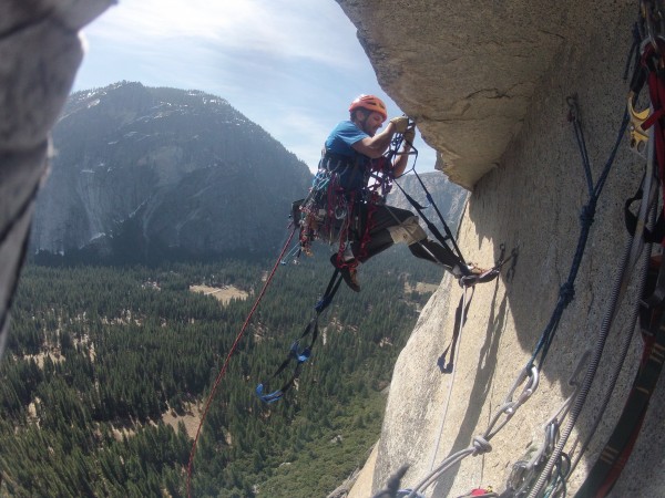 Caleb leading over the overhand on p5.  C1 with a tension traverse and...