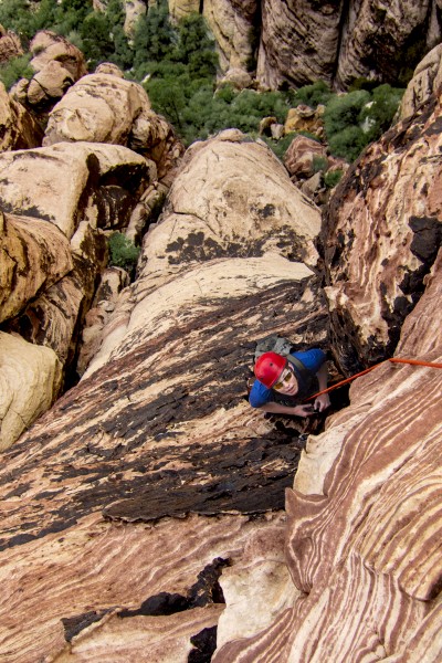 Looking down from the roomy 3rd pitch belay ledge on Olive Oil.