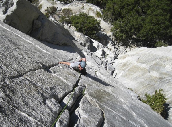 Justin chalking up on p.1 of the Salathe Wall. No sign of the bear yet...