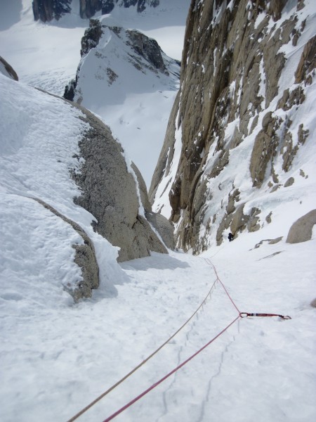 Looking down past an excellent ice screw to Steve at the belay. <br/>
