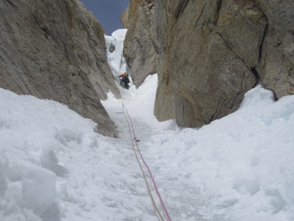 Heading for the crux chockstone. Swinging leads and simul-climbing wor...
