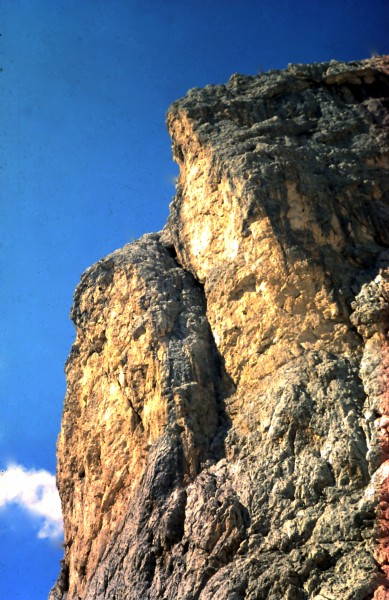 Looking up at Punta Emma. The Steger/Wiesinger V+ takes the diagonal l...