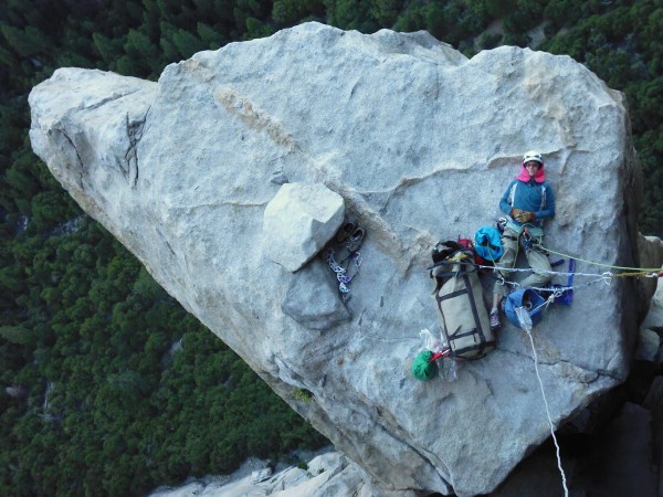 Elaine enjoying the "belay" on top of El Cap Spire.  I use quotes arou...